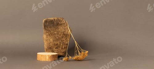 Preview: Abstract podium made of natural natural materials wood stone brown background