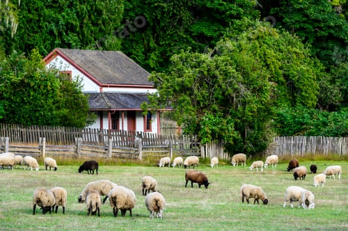 Preview: Herd of sheep grazing in a field covered in greenery in the Salt Spring Island, Canada