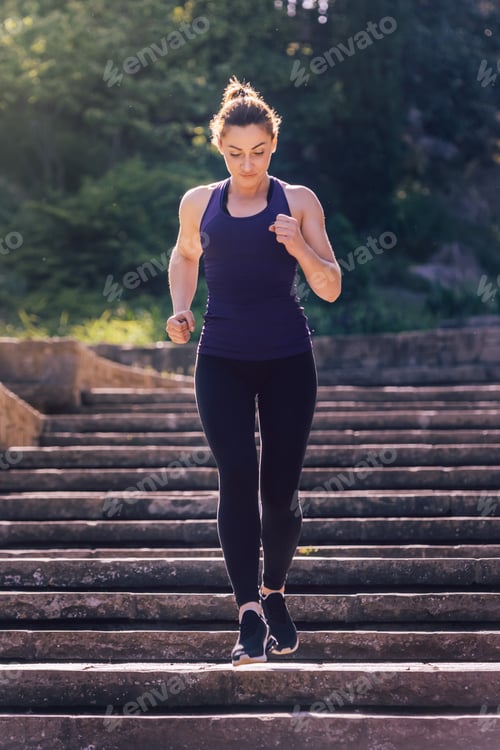 Preview: sporty girl running downstairs in the morning