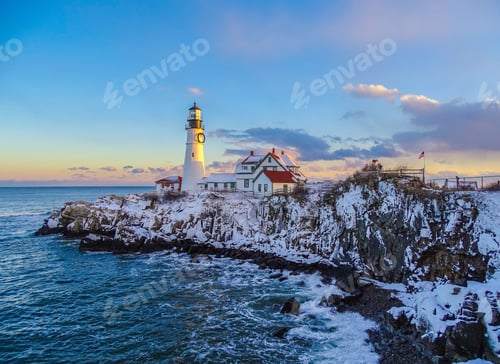 Preview: Beautiful view of the Portland Head Light during winter in Cape Elizabeth, Maine, United States