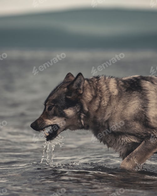 Preview: Closeup of a Gray Wolf crossing on a river angrily
