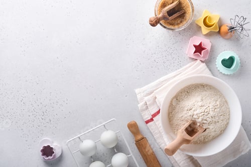 Preview: Ingredients for cooking homemade baking. Baking background with flour, eggs, kitchen tools, utensils
