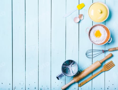 Preview: Preparation of the dough. Ingredients for the dough - Eggs and flour with a rolling pin. On wooden