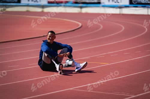 Preview: Asian para-athletes with prosthetic blades sprint on a running track at stadium.