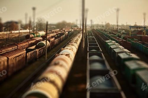 Preview: Freight railway cars at the railway station. Top view of cargo trains.Wagons with goods on railroad.
