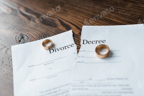 Preview: close-up shot of teared divorce decree and engagement rings on wooden surface