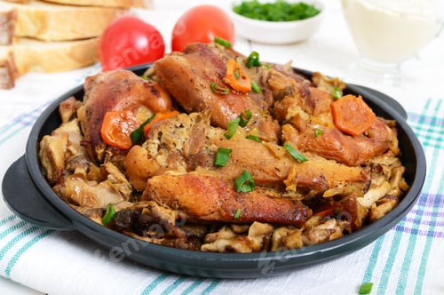 Preview: Pieces of fried rabbit with forest mushrooms on a cast-iron frying pan on a white wooden background.