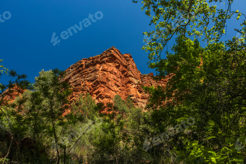 Preview: red rock desert cliff with green trees and blue sky