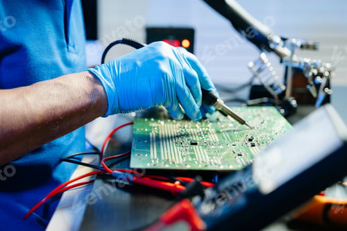 Preview: Closeup of expert soldering a green PCB board using precision tools.