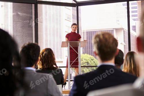 Preview: Young woman standing at lectern presenting business seminar
