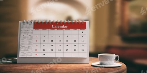 Preview: Calendar and a cup of coffee on a wooden table. 3d illustration