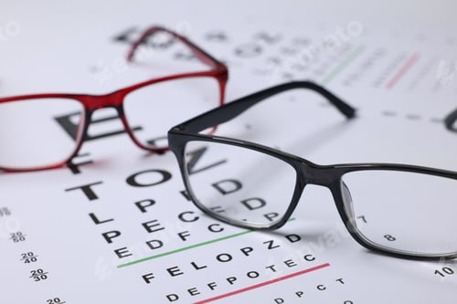 Preview: Glasses on vision test charts as background, closeup
