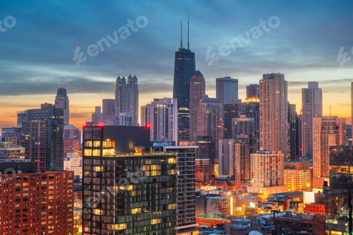 Preview: Chicago, Illinois, USA Downtown Rooftop Skyline at Dawn.