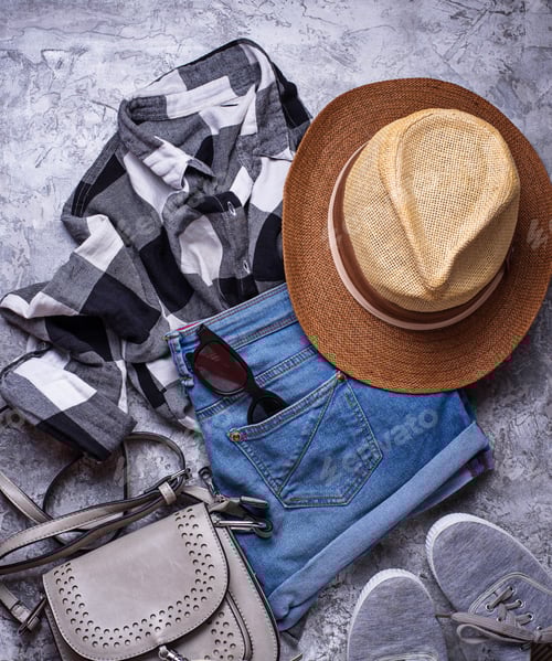 Preview: Summer girls hipsters outfit on gray background