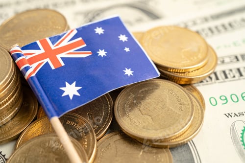 Preview: Stack of coins money with Australia flag, finance banking concept.