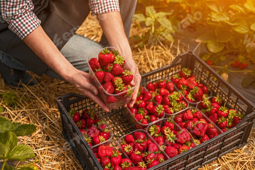 Preview: Crop farmer showing ripe strawberry