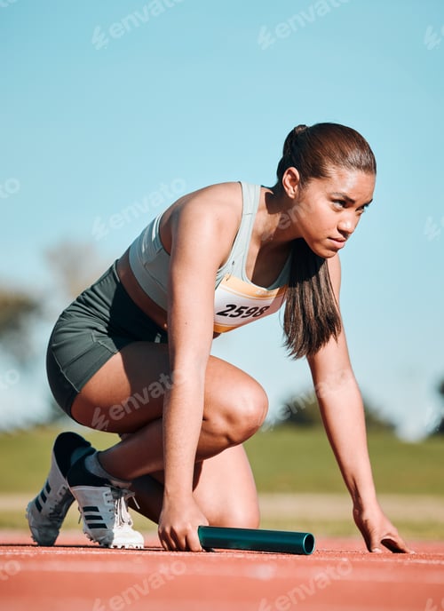 Preview: Start, running and relay with woman on race track with baton for sports, competition and marathon.