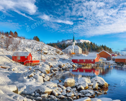 Preview: Outstanding winter scenery of Moskenes village with ferryport and famous Moskenes parish Church.