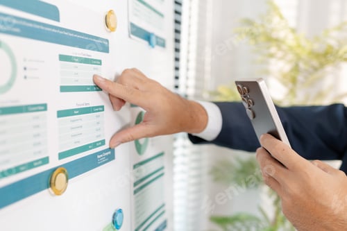 Preview: A business analyst examining charts and statistics on a whiteboard