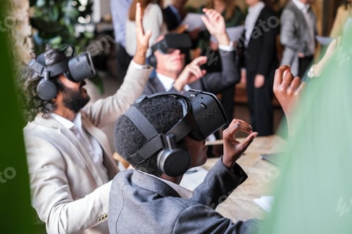 Preview: Business group using virtual reality glasses to improve with technology