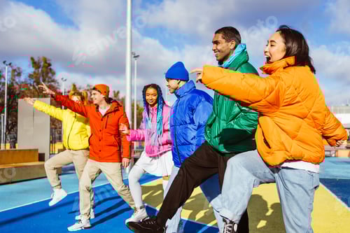 Preview: Multiracial group of young friends meeting outdoors in winter