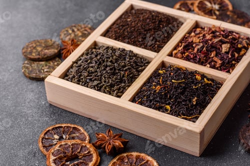 Preview: A box of various dry teas, black, green, herbal, and fruit. A set of different tea varieties