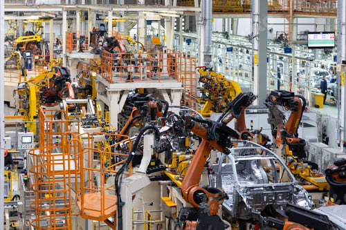 Preview: Car bodies are on assembly line. Factory for production of cars. Modern automotive industry