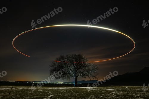 Vista previa: Sendero ligero sobre un gran roble solitario en medio de un campo con cielo nocturno estrellado