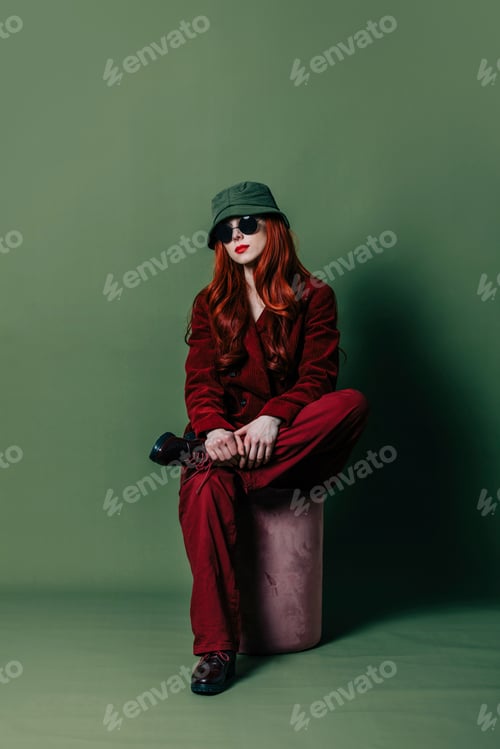 Preview: Stylish woman in sunglasses, hat and red suit sits on green background