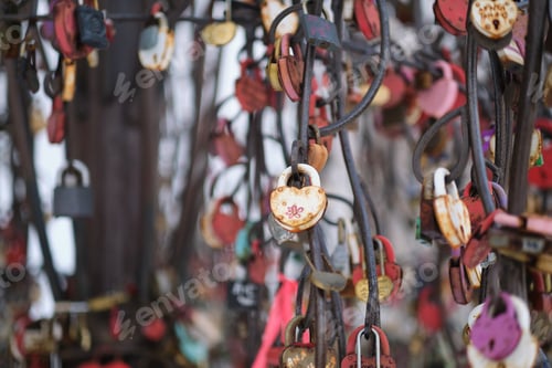 Preview: close up old rusty locks heart shaped on wire rope. Love lock on the bridge. tradition of hanging a