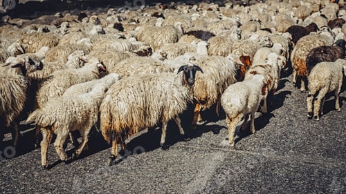 Preview: herd of adorable white sheep walking on road, Armenia