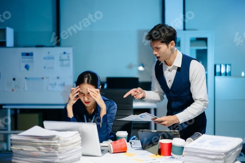 Preview: Asian manager scolding employee under stress, workplace conflict and frustration in modern