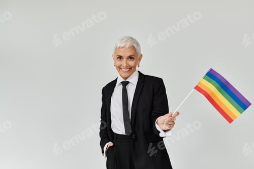 Preview: Confident Lesbian Woman Celebrating Pride in Chic Attire With Rainbow Flag