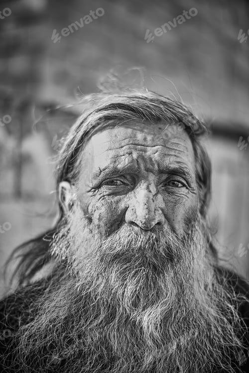 Preview: Close-up shot of an old homeless man's face