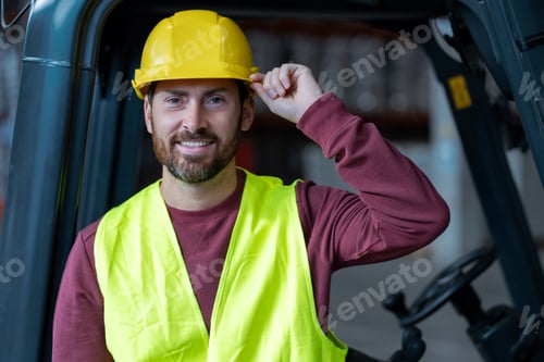Preview: Handsome, bearded man, driver, wearing helmet and workwear standing near forklift, looking at camera