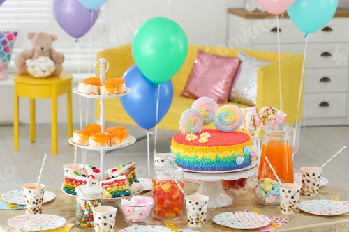 Preview: Bright birthday cake and other treats on table in decorated room