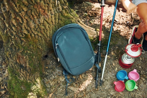 Preview: Close up view of touristic equipment that is in the forest