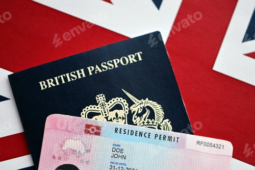 Preview: Residence Permit BRP card and British Passport of United Kingdom on Union Jack flag
