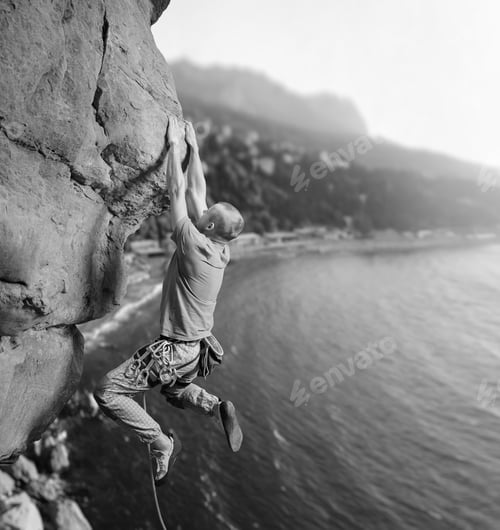 Preview: Male climber climbing big boulder in nature with rope