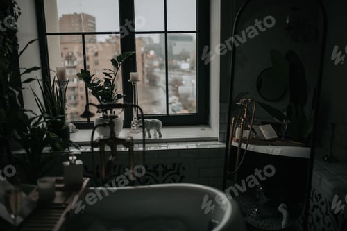 Preview: Luxury interior of eco style modern bathroom with oval bathtub and accessories at natural lighting