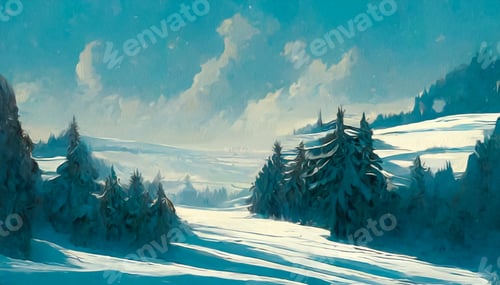 Preview: evergreen forest covered with snow in winter, illustration, 3D