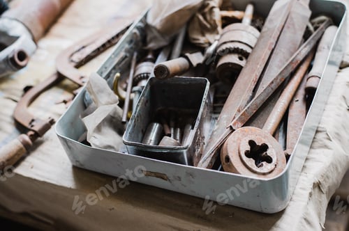 Preview: still life tool box with nails rasp and old tools