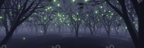 Preview: abstract Glowing particle Sparkles on alien planet landscape forest 3d rendering