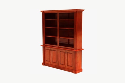 Tall wooden hutch with open shelving and paneled doors