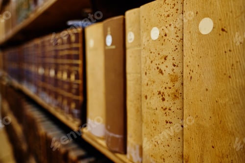 Preview: Old books on wooden shelves in library