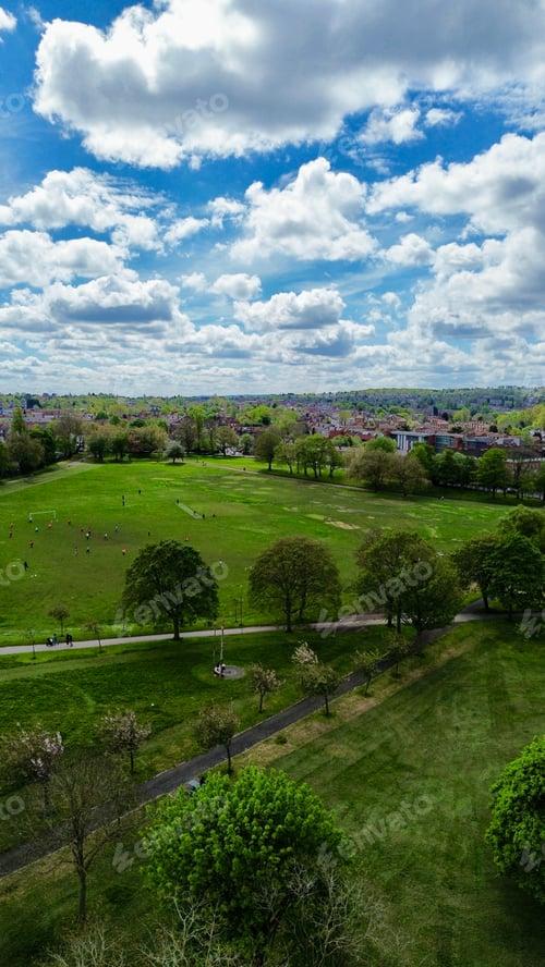 Preview: Aerial view of lush green grass with distant houses