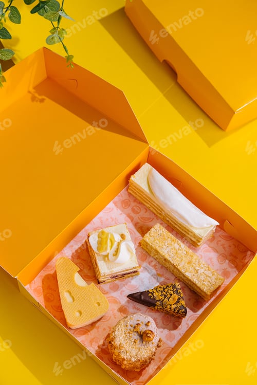 Preview: Christmas gifts presents with different cakes on yellow box