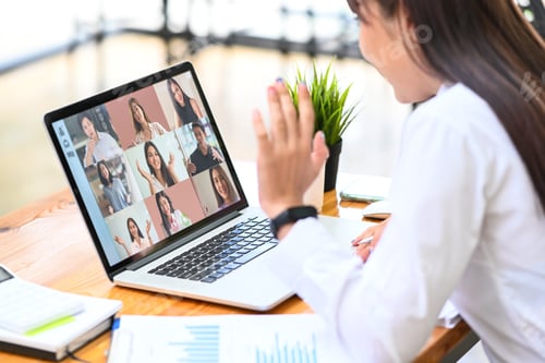 Vista previa: Female employee talking on video call with diverse colleagues on laptop computer.