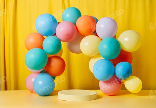 Preview: Minimal product podium stage with multicolor pastel color balloons in geometric shape