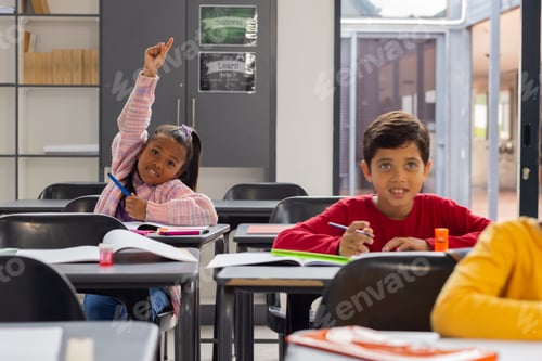 Preview: Biracial girl in a pink plaid shirt raises her hand eagerly in a school classroom